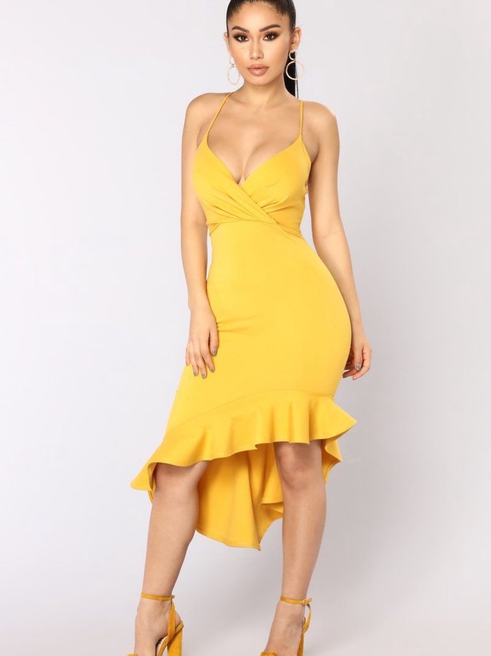🌸Fashion Nova Mustard Yellow High-Low Ruffle Hem Midi Dress Size S